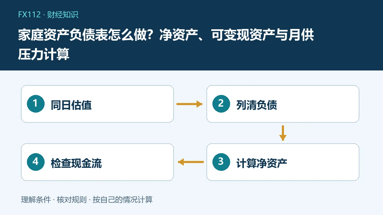 家庭资产负债表怎么做:同日估值、列清负债、计算净资产、检查现金流示意图