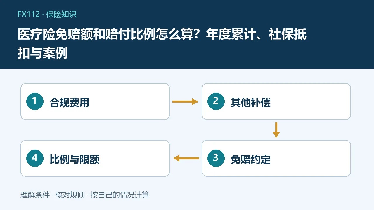医疗险免赔额和赔付比例怎么算：合规费用、其他补偿、免赔约定、比例与限额示意图