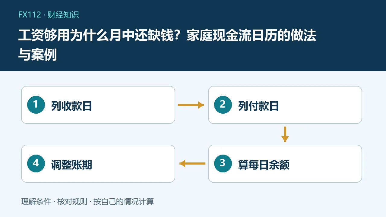 工资够用为什么月中还缺钱:列收款日、列付款日、算每日余额、调整账期示意图