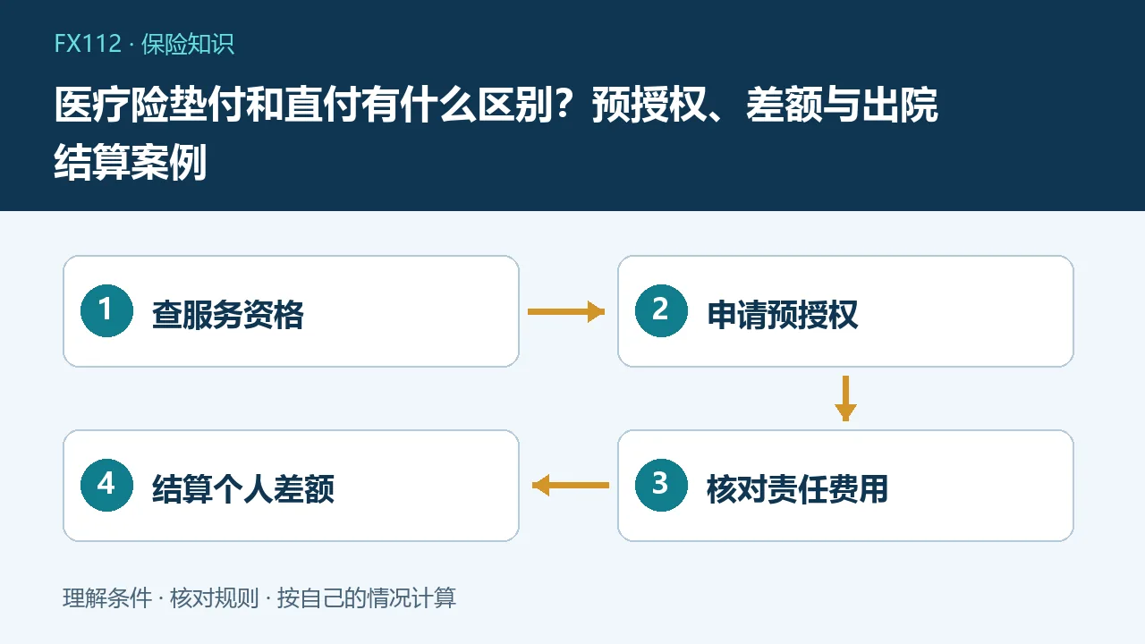 医疗险垫付和直付有什么区别:查服务资格、申请预授权、核对责任费用、结算个人差额示意图