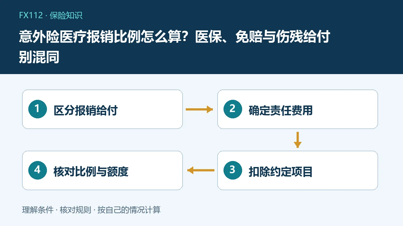 意外险医疗报销比例怎么算：区分报销给付、确定责任费用、扣除约定项目、核对比例与额度示意图