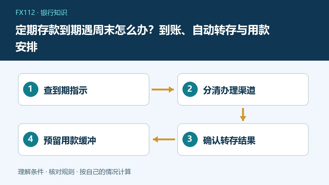 定期存款到期遇周末怎么办：查到期指示、分清办理渠道、确认转存结果、预留用款缓冲示意图