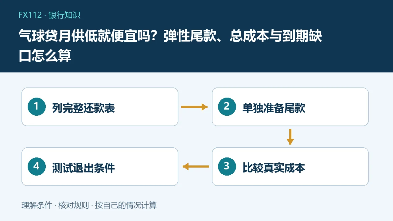 气球贷月供低就便宜吗：列完整还款表、单独准备尾款、比较真实成本、测试退出条件示意图