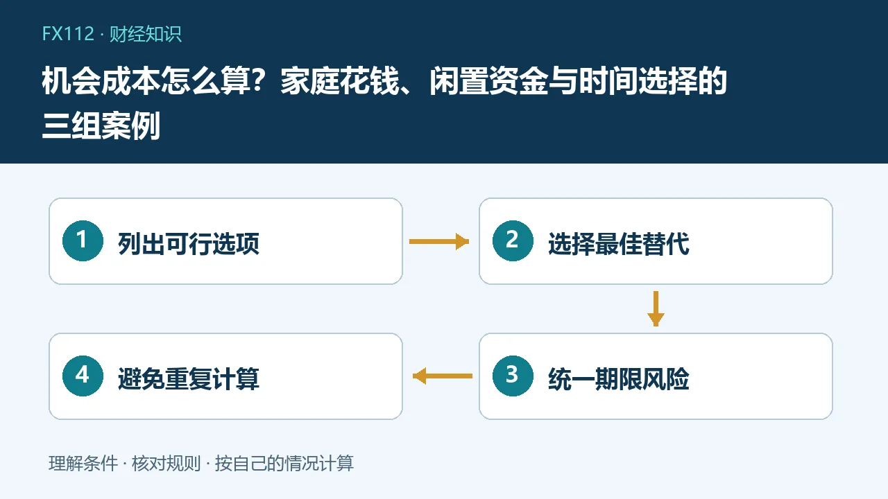 机会成本怎么算:列出可行选项、选择最佳替代、统一期限风险、避免重复计算示意图